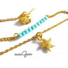 Gold Turquoise Necklace, Multilayered Boho Necklace, Fish Star Pendant